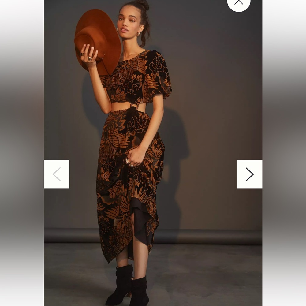 Women's Black and Rust Floral Midi Dress
